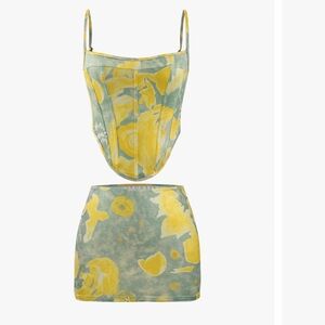 Yellow and Green Printed Corset Cami Top and Mini Skirt Set